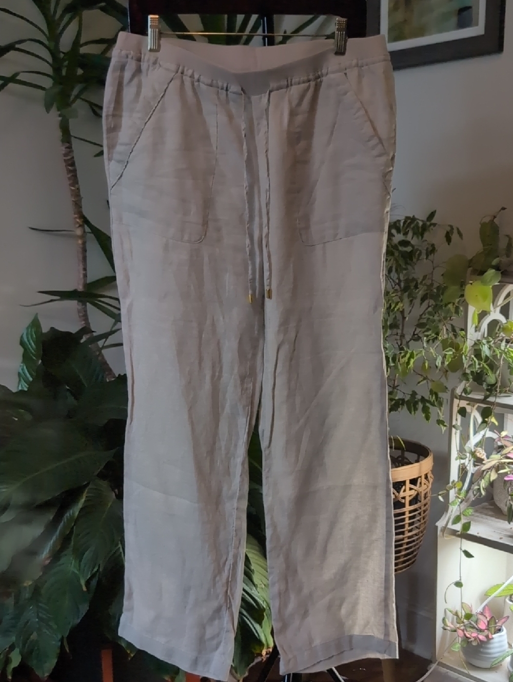 Ellen Tracy Natural Straight-Leg 100% Linen Drawstring Pants